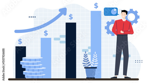 Man smiling at financial graph suitable for business presentations, financial reports, investment websites, marketing materials, and economic analysis publications.