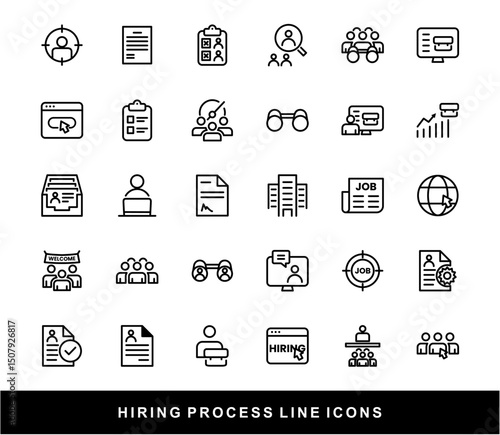 Hiring Process Line Icons. Recruitment, Job Application, Interview, Candidate Selection Vector Set