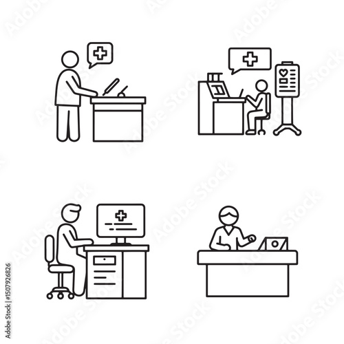 Medical professionals silhouette in office and hospital settings working and providing assistance