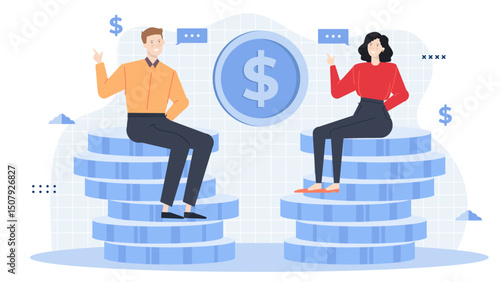 Two people sitting on stacks of coins, representing financial success and teamwork. Ideal for financial planning, savings, success concepts.