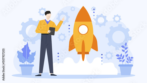 Man in a yellow jacket points at a rocket ship, suggesting exploration, technology, innovation, and space travel concepts in promotional materials.