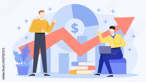 Two men standing with a rising red arrow suitable for business growth concepts, success, achievement, motivation, teamwork, and competition.