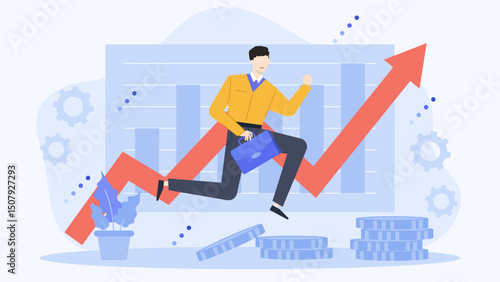 Man running up red arrow with coins and plant, suitable for financial growth, investments, success, ecofriendly finance concepts.