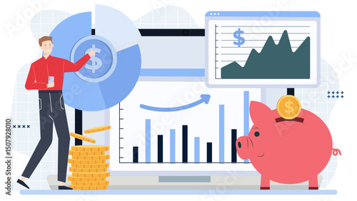 Man putting money into a piggy bank, concept of saving, financial planning. Suitable for finance, savings, investment concepts in marketing.