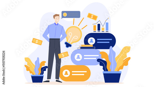 Digital illustration man standing near a light bulb. Suitable for innovation, creativity, brainstorming concept designs, educational materials, and presentations.