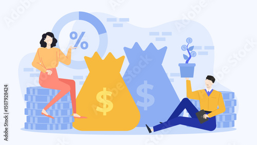 Two people with money bags and coins, symbolizing success, financial partnership, savings, investments, teamwork, wealth management strategies visuals.