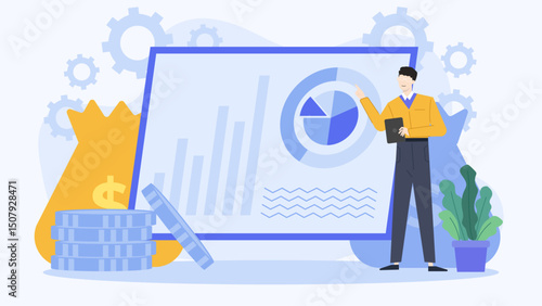 Man presenting business data, suitable for marketing presentations, financial reports, data analysis articles, and business related designs.