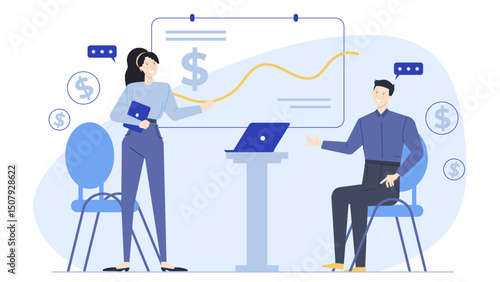 Two people collaborating on financial information using a whiteboard, suitable for presentations, business meetings, teamwork concepts, and financial analysis.