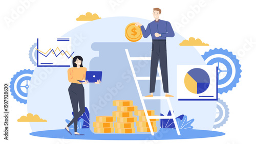 Two people by jar of gold coins. Suitable for finance, savings, investment concepts in business presentations, websites, and social media.