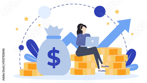 Woman on gold coins with money bag and arrow, symbolizing financial success. Ideal for finance, investments, wealth, and success concepts.