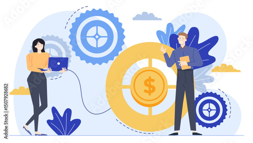 Man and woman collaborating on a moneymaking project. Suitable for financial and teamwork concepts in business presentations or marketing materials.