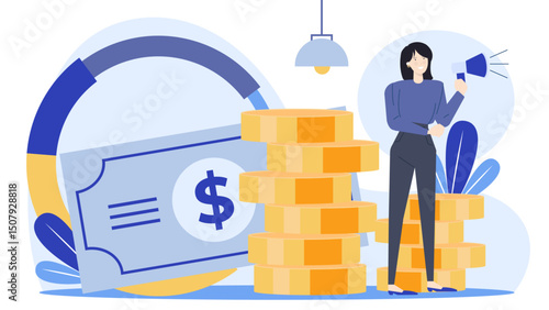 Woman holding a megaphone on coins, dollar bill nearby. Suitable for financial announcements, marketing campaigns, business promotions, and commercial concepts.