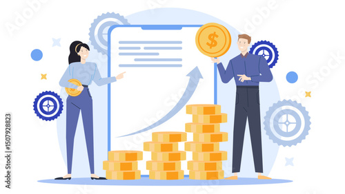 Conceptual image of two individuals beside a pile of gold coins, symbolizing wealth, finances, success, teamwork. Suitable for finance related content.