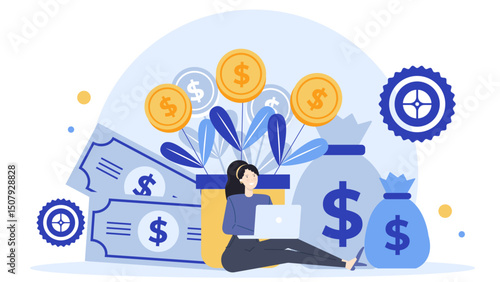Woman multitasking on laptop with growing money background, ideal for finance, investment, business growth concepts in web design, ads.