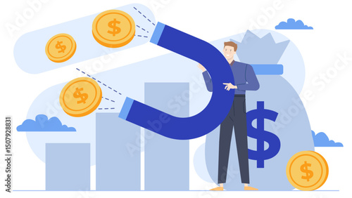 Man holds a magnet attracting dollar coins, ideal for financial concepts, saving money, investment strategies, wealth management, and magnetic attraction illustrations.