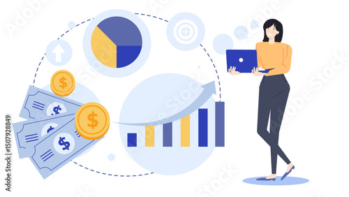 Woman holding a laptop with money. Suitable for finance, business, technology concepts in blog posts, social media, and advertising materials.