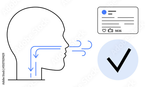 Human head profile with airflow arrows, social media post card with thumbs ups count, and a checkmark. Ideal for wellness, healthcare, digital behavior, social media analytics, validity, approval