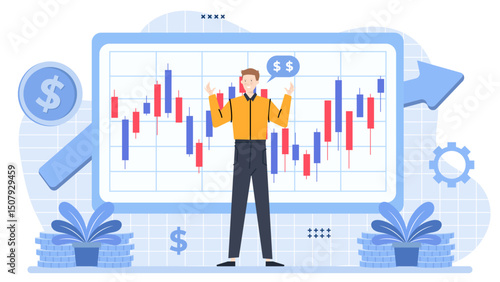 Man standing in front of financial chart, analyzing data. Suitable for finance blogs, presentations, and businessrelated design projects.