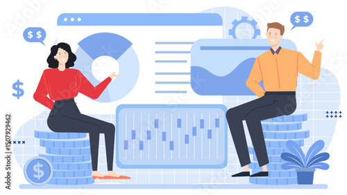 Two people on coins, symbolizing finance, investment, teamwork. Suitable for finance blogs, business presentations, investment websites, teamwork concepts.