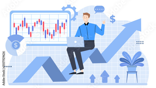 Man walking up a blue arrow, symbolizing progress, growth, success. Suitable for business, motivation, achievement concepts in designs.