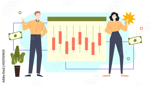 Man and woman near a chart of rising stock prices suitable for financial presentations, investment articles, business reports, and economic blogs.