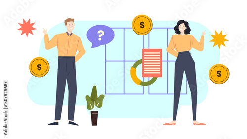 Man and woman analyzing a chart with dollar signs. Suitable for finance, business, investments, teamwork concepts in presentations, blogs, articles.