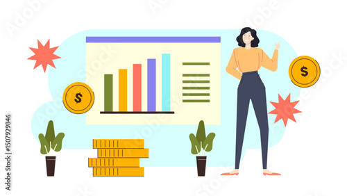 Businesswoman showing financial growth through a bar graph, perfect for presentations, financial reports, marketing materials, and business blogs.