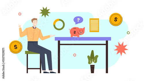 Man sitting with piggy bank, contemplating savings and financial planning. Suitable for budgeting, savings, investments, and financial education concepts.