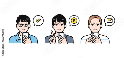 スマホを操作する3人のカジュアルな若い男性のシンプルなベクターイラストセット