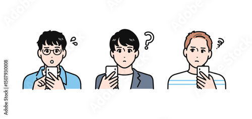 スマホを見て悩む3人の若い男性のシンプルなベクターイラストセット