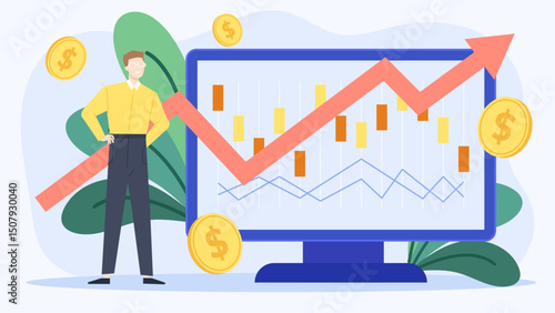 Man near computer with stock chart suitable for financial websites, investment blogs, business presentations, and marketing materials illustrating growth.