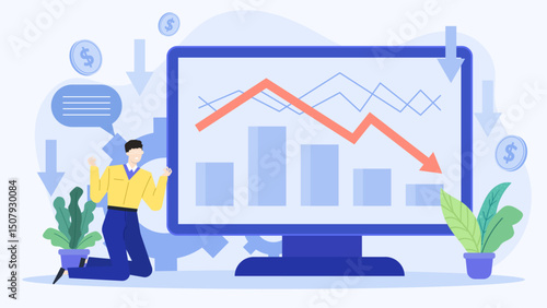 Man kneels in front of a declining graph on a computer screen. Suitable for business, financial, and economic concept illustrations.