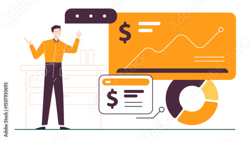Man presenting financial data, suitable for business presentations, financial reports, marketing materials, educational resources on market analysis.