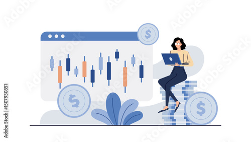 Woman using laptop on money stack, checking stock market data. Suitable for finance, investment, trading, online business, and technology concepts.