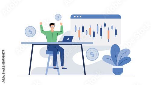 Man jubilantly celebrates a victorious trade on a detailed stock market chart. Ideal for financial success illustrations in business contexts.