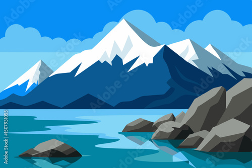 mountain landscape with lake and blue sky