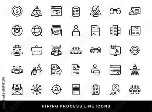 Hiring Process Line Icons. Recruitment, Job Application, Interview, Candidate Selection Vector Set
