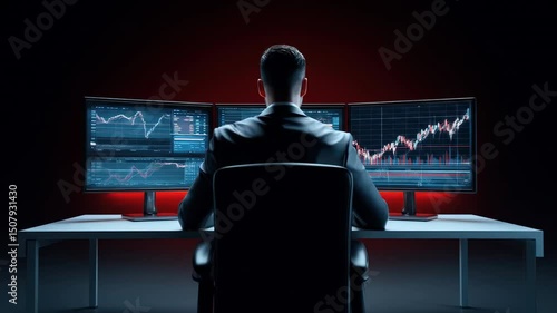 Businessman Analyzing Financial Charts on Multiple Monitors in Dark Office