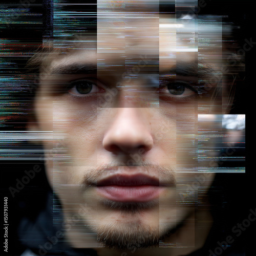 Deepfake cyber attack. Digital face glitching during a fake biometric scan image.