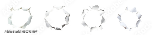 set of Multiple circular holes punched through white paper. isolated on transparent background