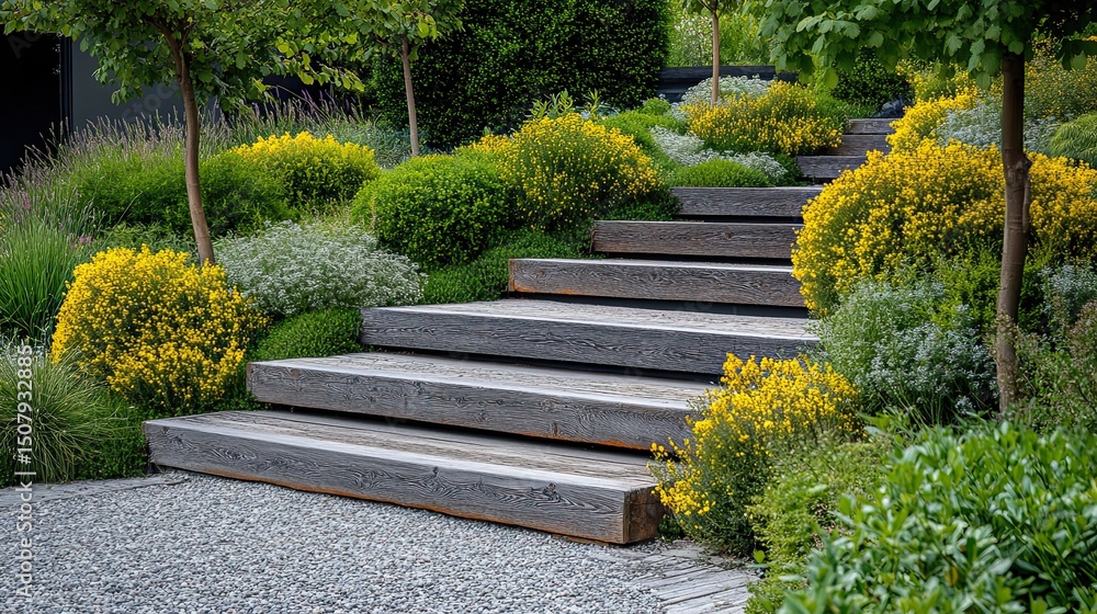 Obraz premium Garden Steps with Blooming Plants in the Summer
