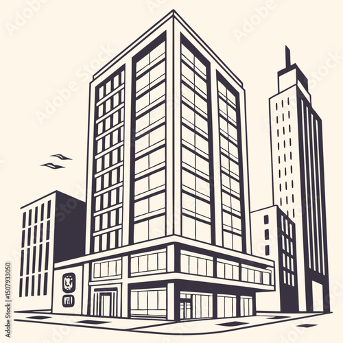 Vector illustration showing modern city architecture with office skyscrapers and urban buildings under a blue sky