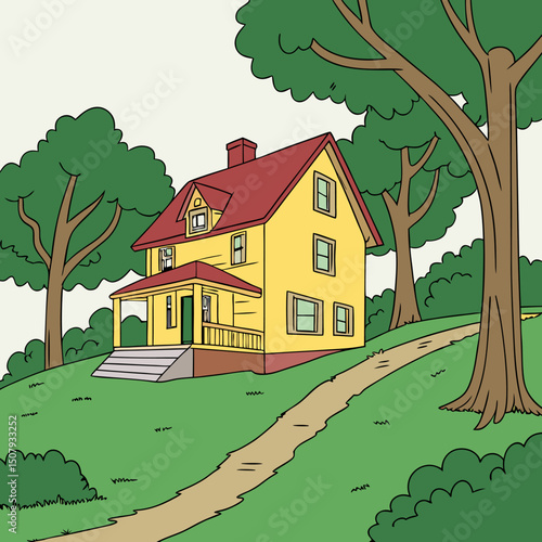 A small, cartoon cottage sits on a grassy hill in a rural summer landscape with trees under a blue sky