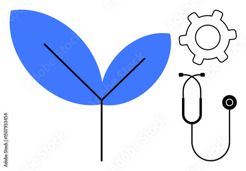 Blue leaves, gear, and stethoscope represent synergy of nature, technology, and health. Ideal for healthcare, environment, innovation sustainability wellness green tech medical advancements. Flat