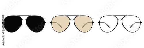 Illustration of classic aviator sunglasses type in various style black, color, and outline