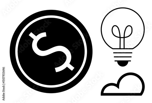 Black dollar coin, light bulb, and cloud emphasize finance, innovation, technology, creativity, business growth, savings and sustainable ideas. Ideal for modern concepts flat simple metaphor