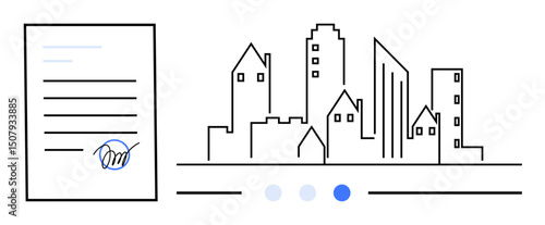 Document with signature next to a city skyline featuring diverse buildings. Ideal for real estate, contracts, urban planning, business, property management, architecture, legal services, simple