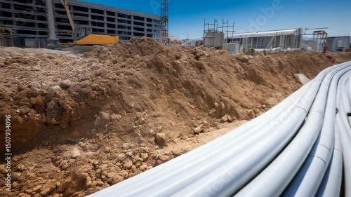 Large white plastic pipes installed in a trench for underground infrastructure project. Construction site with dirt and temporary buildings in the background.