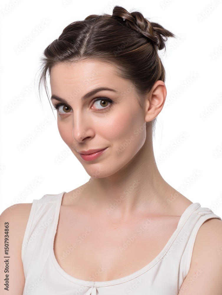 A woman with her head tilted slightly, exuding curiosity, medium closeup, isolate on white background A woman with her head tilted slightly, exuding curiosity, medium closeup, isolate on white background