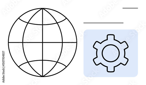 Globe with latitude and longitude lines next to a gear within a blue square. Ideal for technology, networking, global reach, digital solutions, software setup, communication, simple landing page